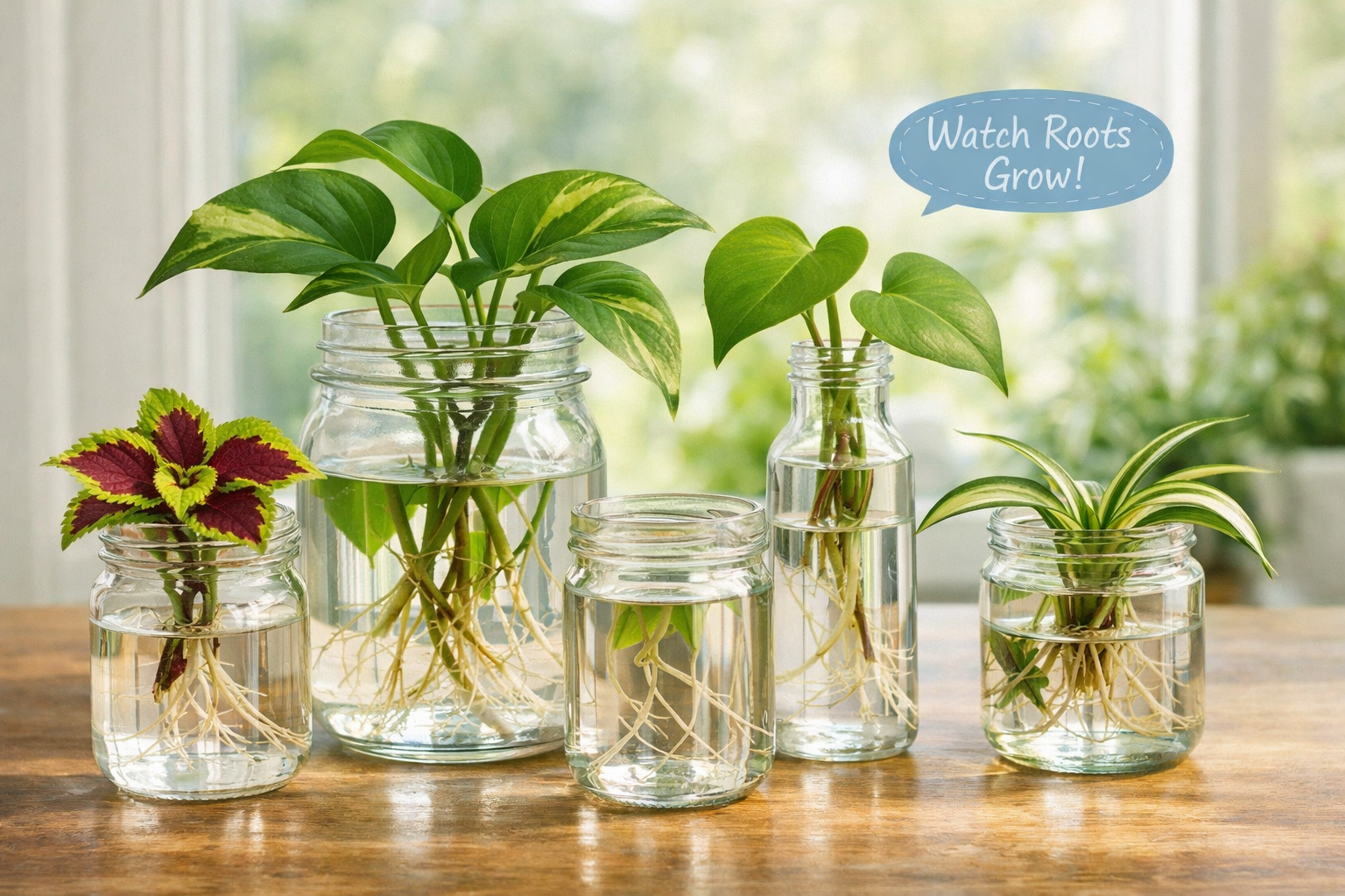 A detailed () image illustrating the water propagation method for beginners. The foreground features several clear glass