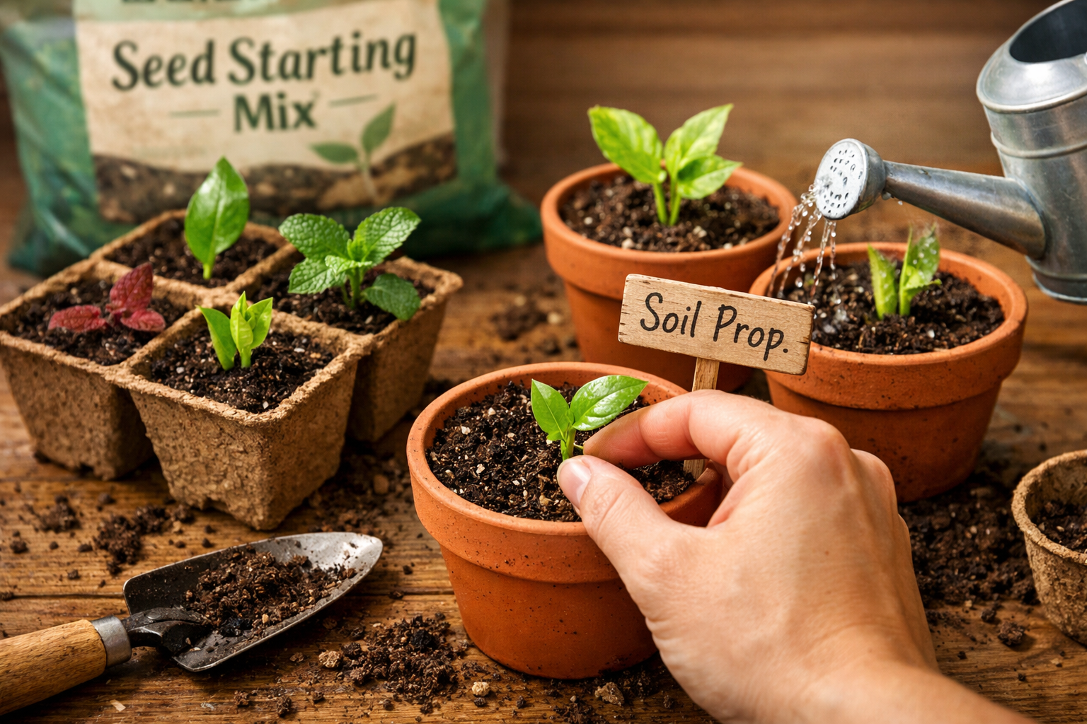 A detailed () image depicting the soil propagation method for beginners. The foreground showcases several small terracotta