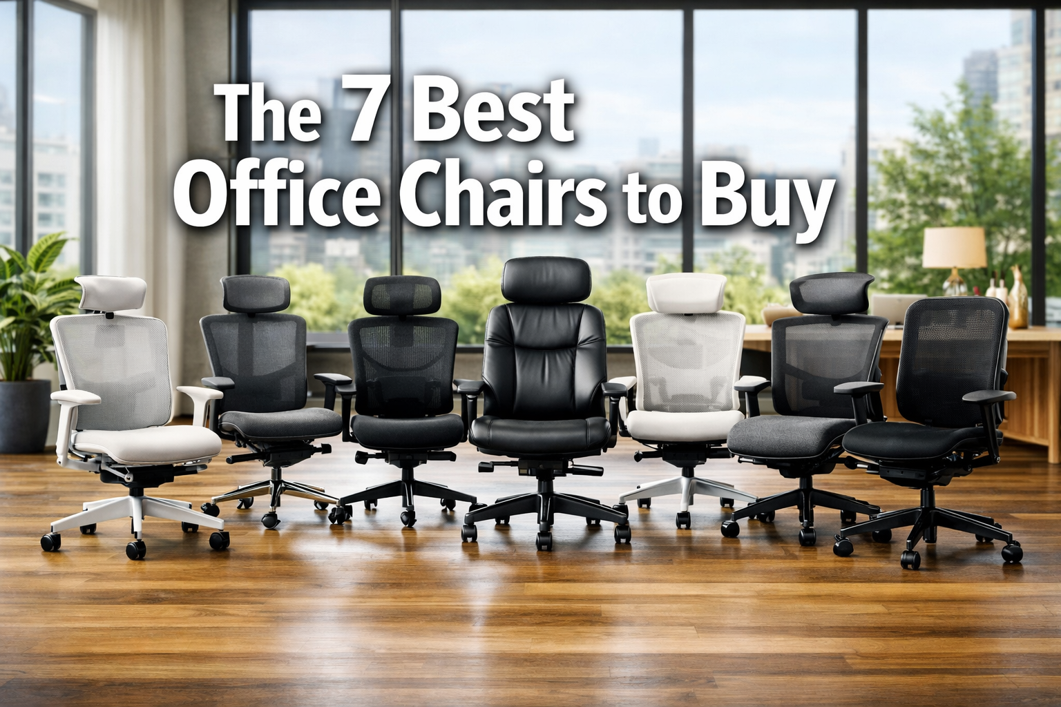 Professional hero image for 'The 7 Best Office Chairs to Buy' with 'The 7 Best Office Chairs to Buy' in extra large white