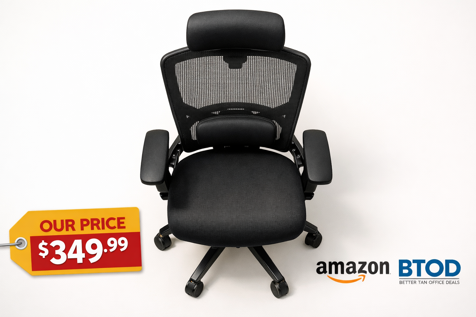 Overhead flat-lay product showcase of a premium ergonomic office chair with mesh back, lumbar support, and adjustable