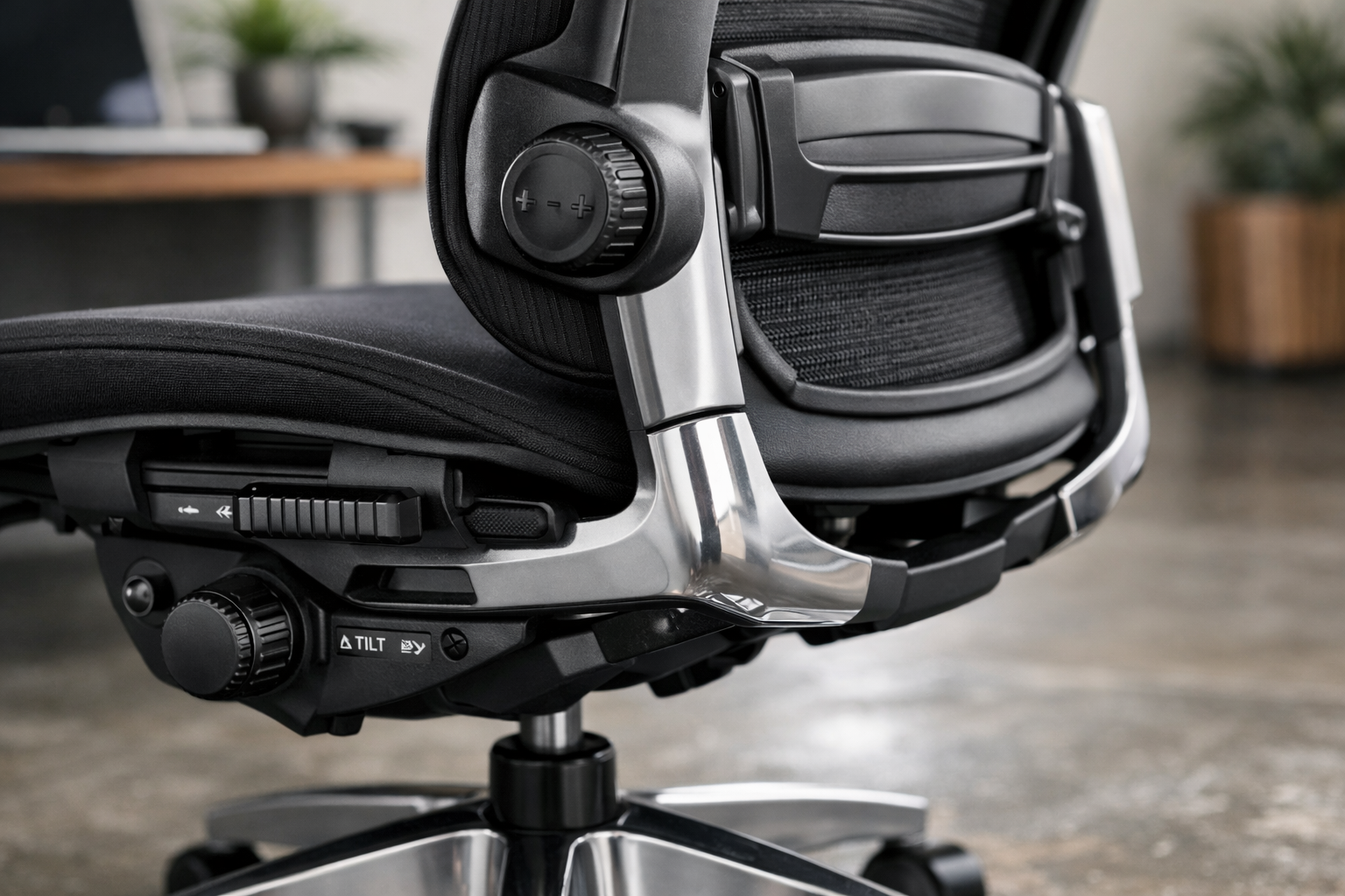 Close-up side-profile view of a high-end task chair showing lumbar adjustment knob, seat depth slider, and tilt tension