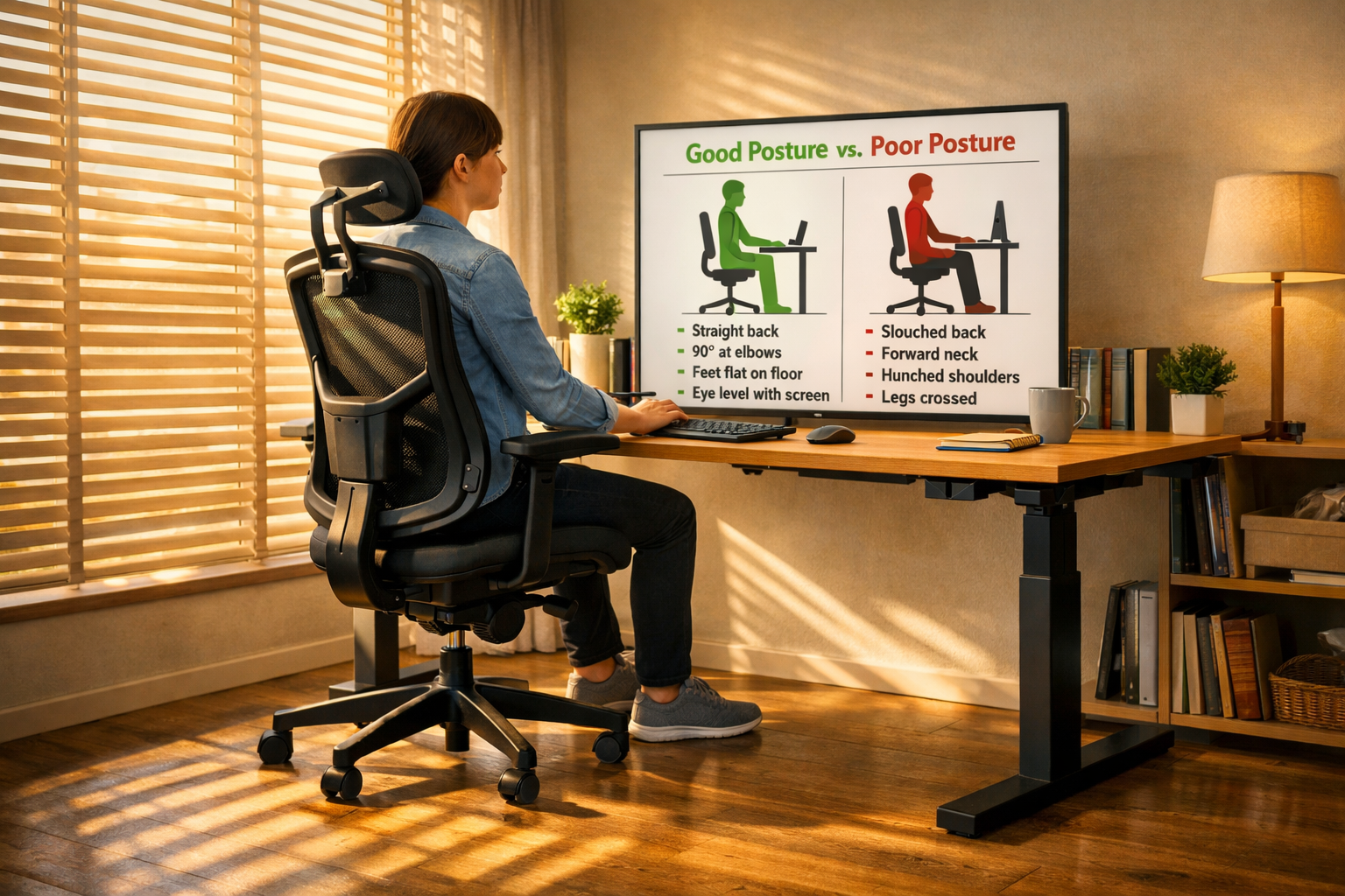 Wide-angle lifestyle shot of a person sitting in an ergonomic office chair at a standing desk, showing proper posture