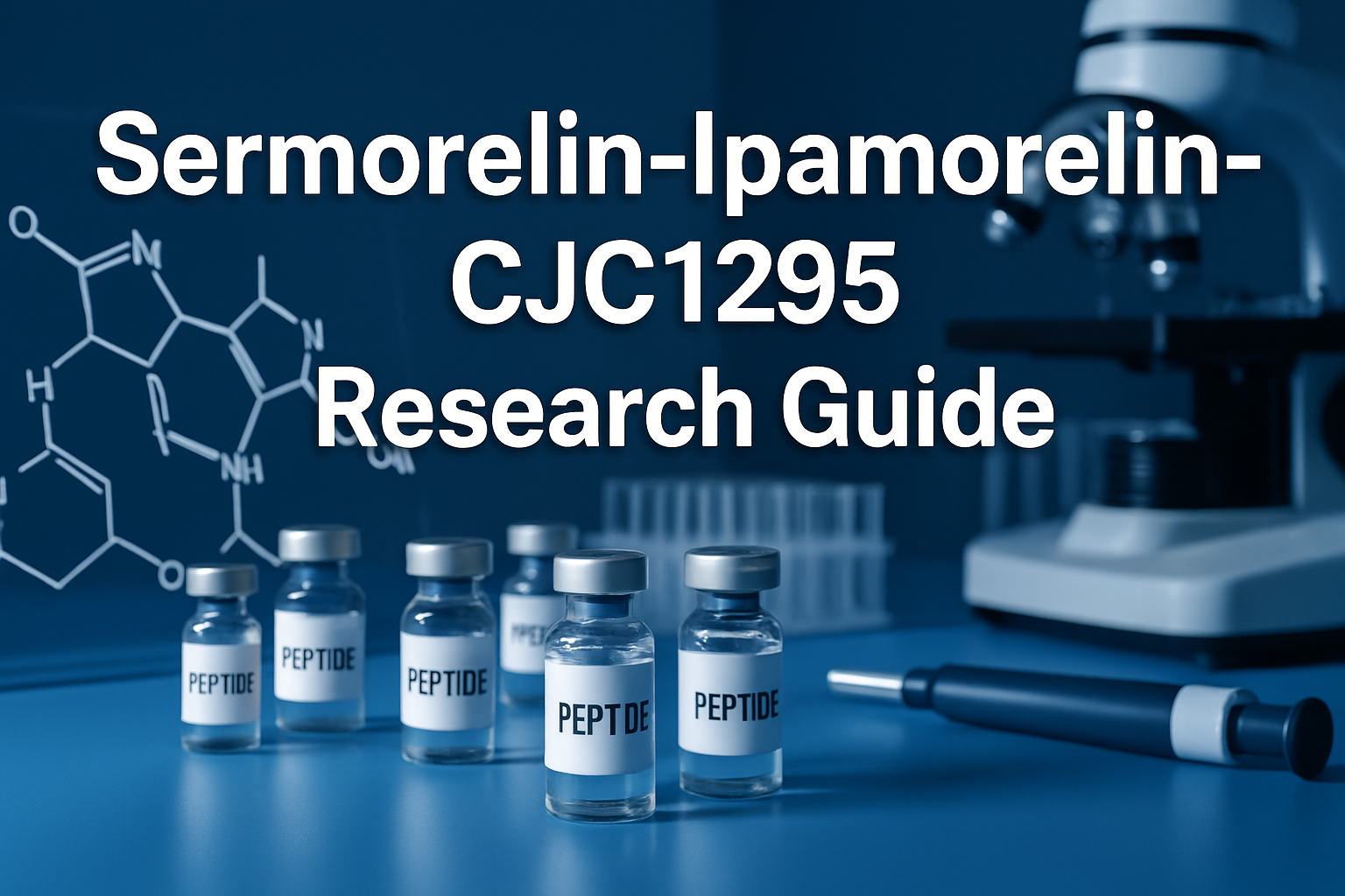 Professional landscape hero image (1536x1024) featuring bold text overlay 'Sermorelin-Ipamorelin-CJC1295 Research Guide' in extra large 72pt