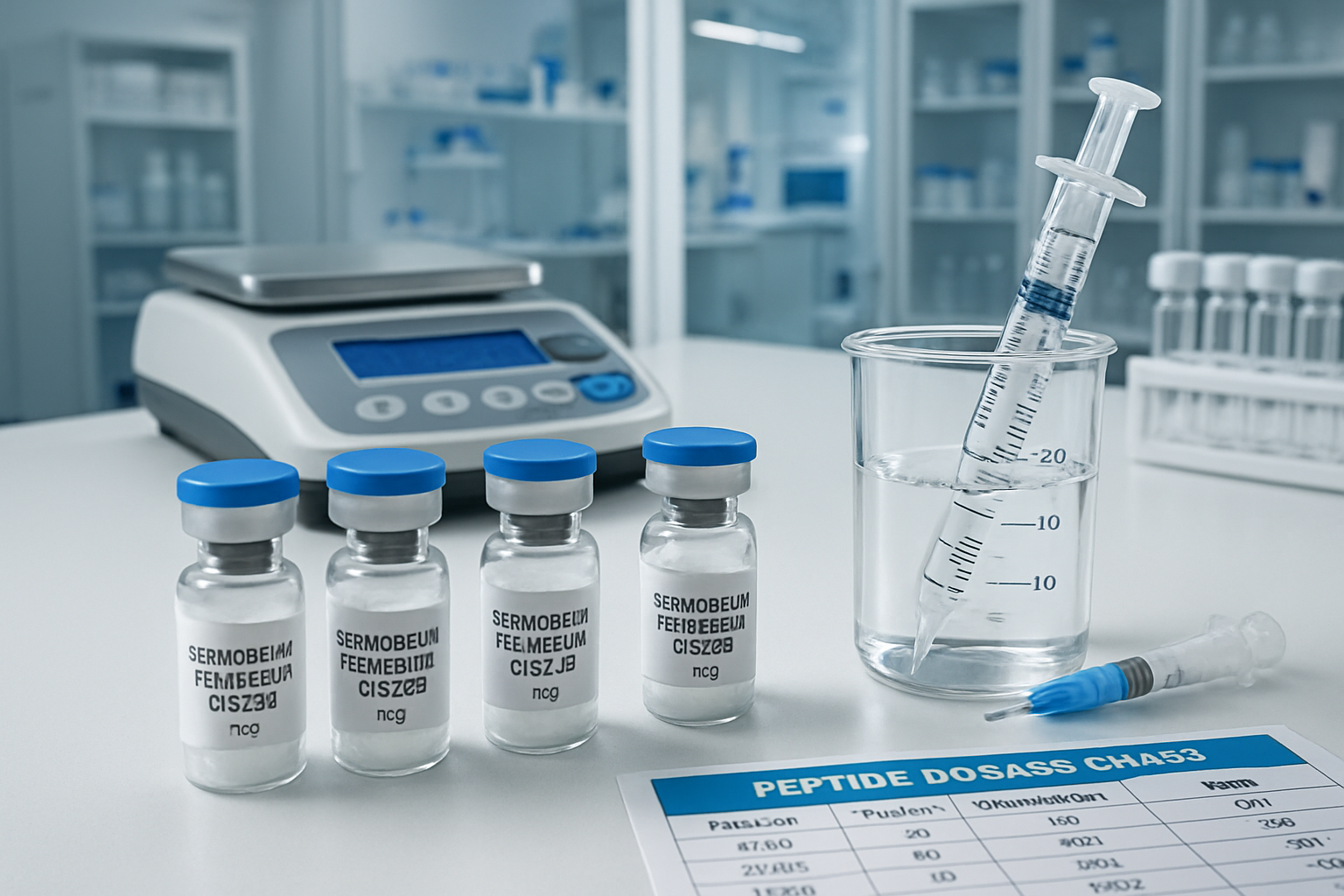Laboratory research scene displaying peptide vials labeled with serm-ipamorelin-cjc1295, precision scales, reconstitution equipment, a