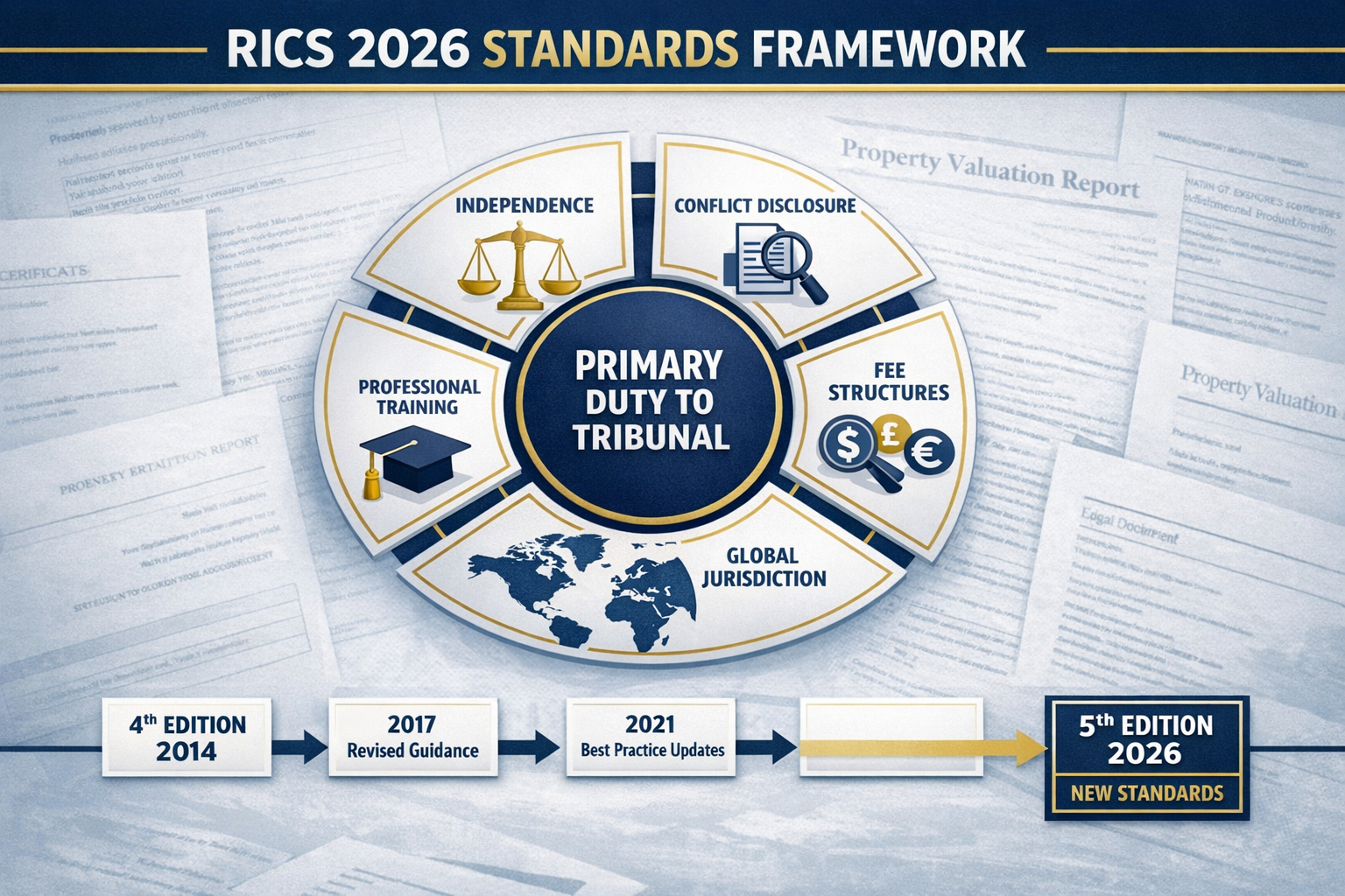 Landscape format (1536x1024) infographic-style image displaying RICS 2026 Standards framework with central circular diagram showing 'Primary