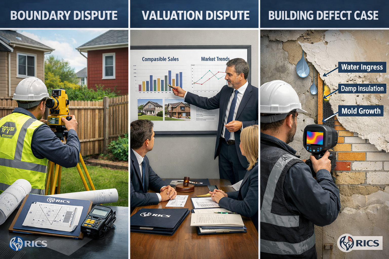 Landscape format (1536x1024) composite image showing three distinct property dispute scenarios in triptych layout: left panel displays bound