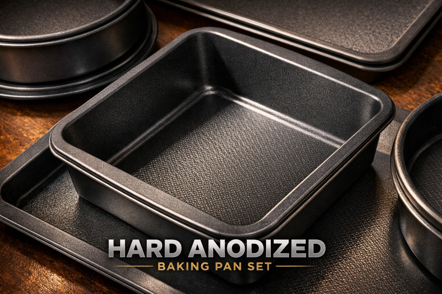 Close-up product showcase of a hard anodized baking pan set with deep charcoal-gray finish, showing the thick gauge aluminum construction and textured anodized surface texture under warm directional studio lighting, product name context visible, shot from a 45-degree overhead angle
