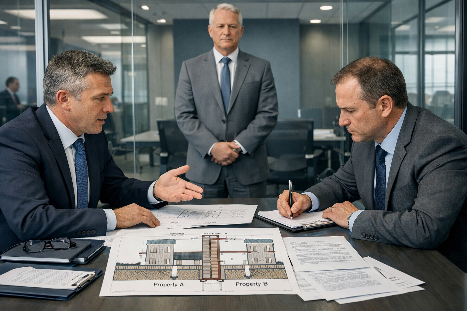 Detailed () image showing two professional surveyors in business suits sitting across from each other at a negotiation table