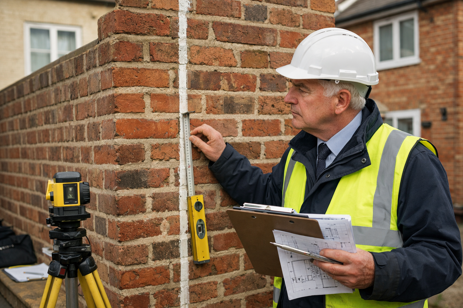 () image of experienced third surveyor in professional attire conducting site inspection at a party wall location, holding