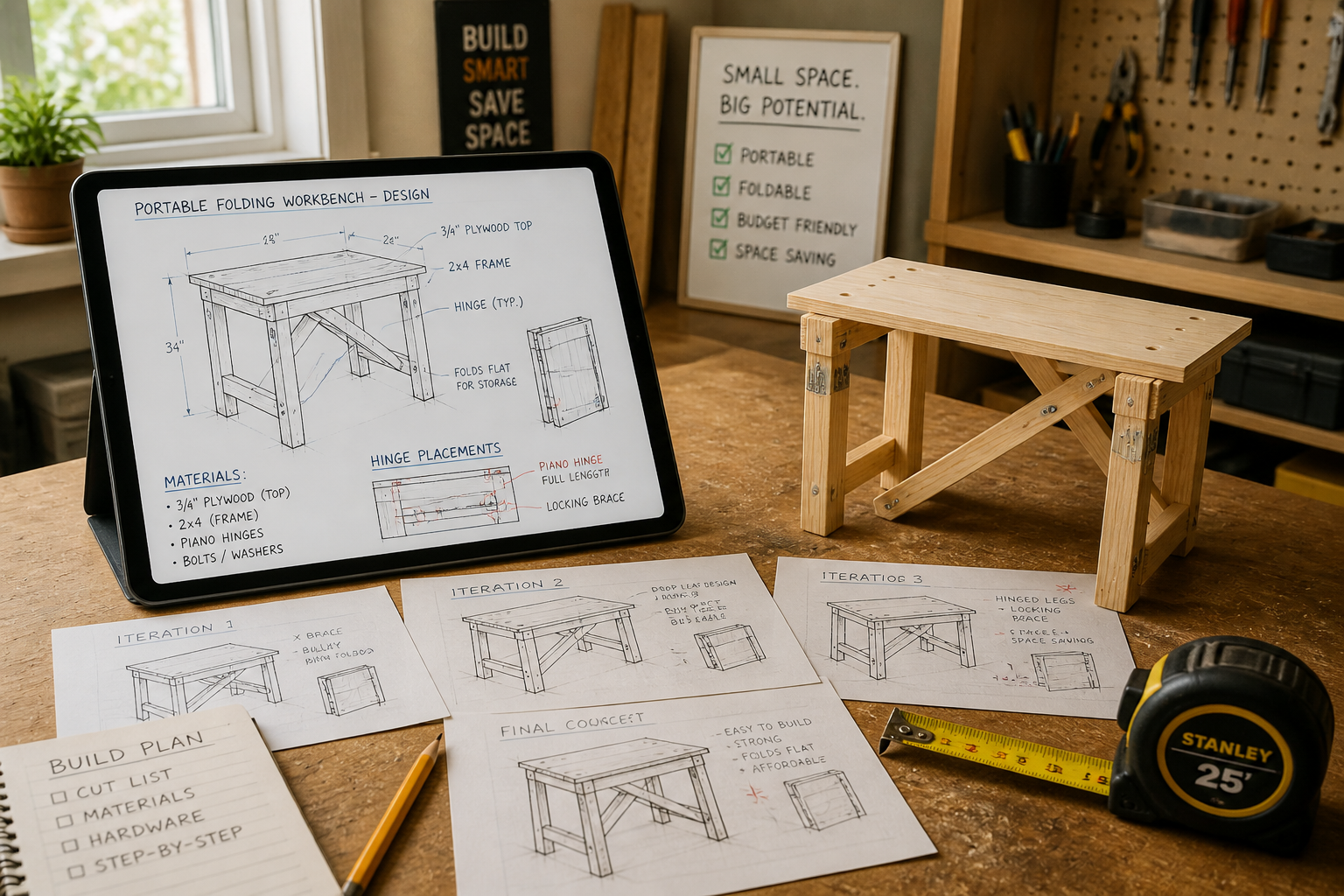 Detailed () image focusing on the design phase of a portable folding workbench. The scene shows a technical drawing or
