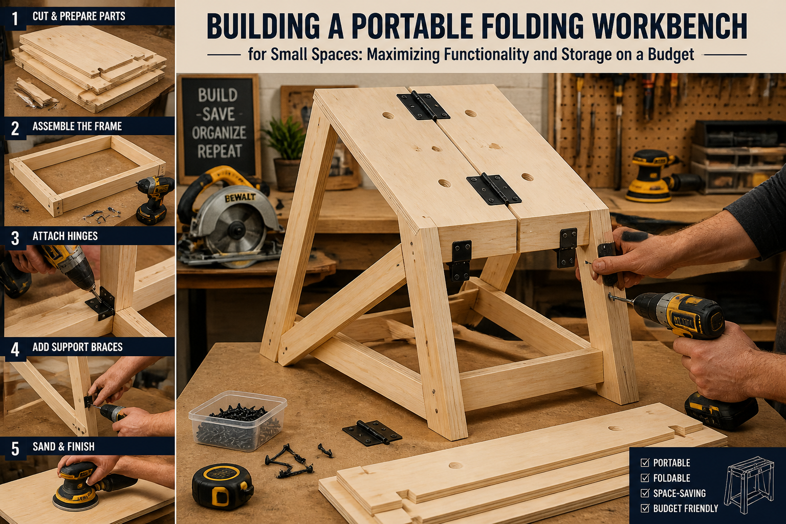 Detailed () image showcasing the construction process of a portable folding workbench. A person's hands are actively