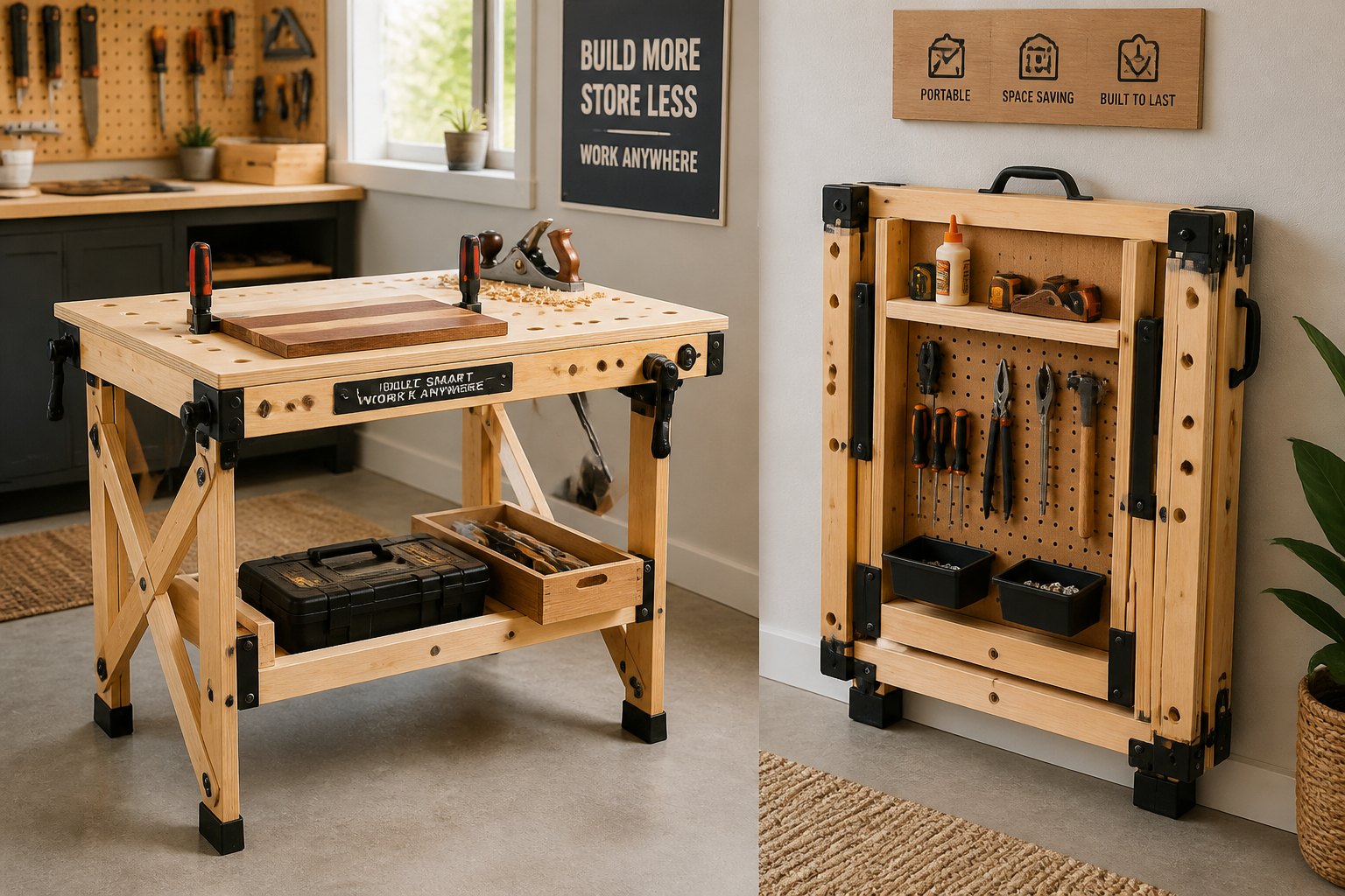 Detailed () image featuring the completed portable folding workbench in its functional and stored states. One side of the