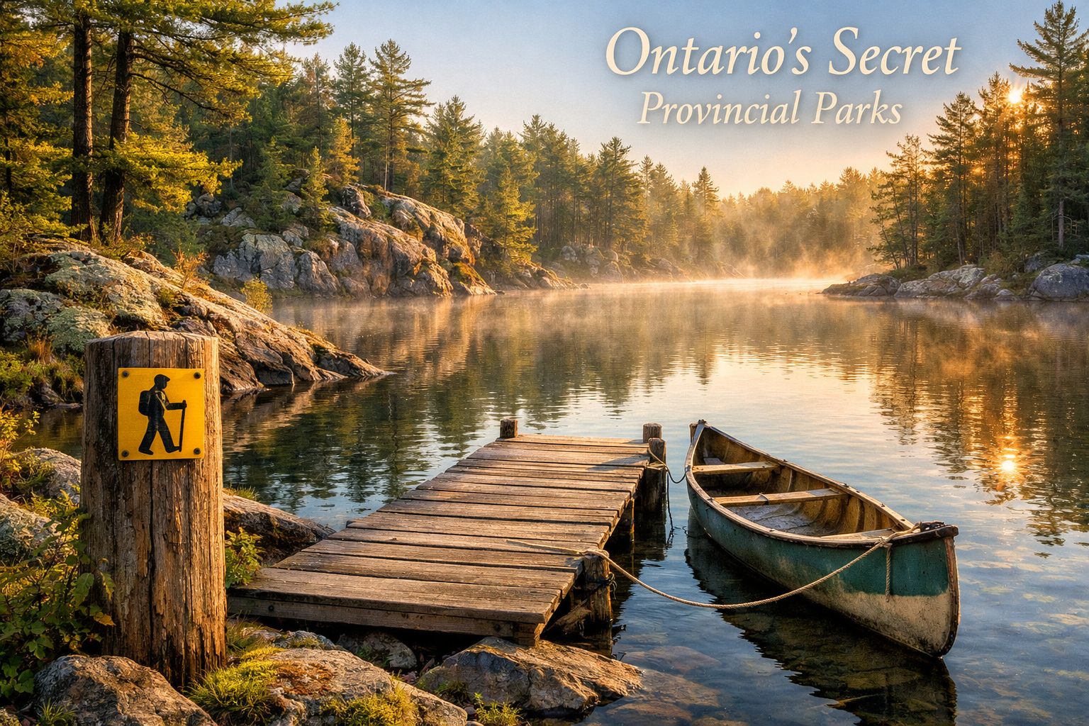 Detailed landscape editorial image (1536x1024) showing serene lesser-known Ontario provincial park scene with crystal-clear lake reflecting 
