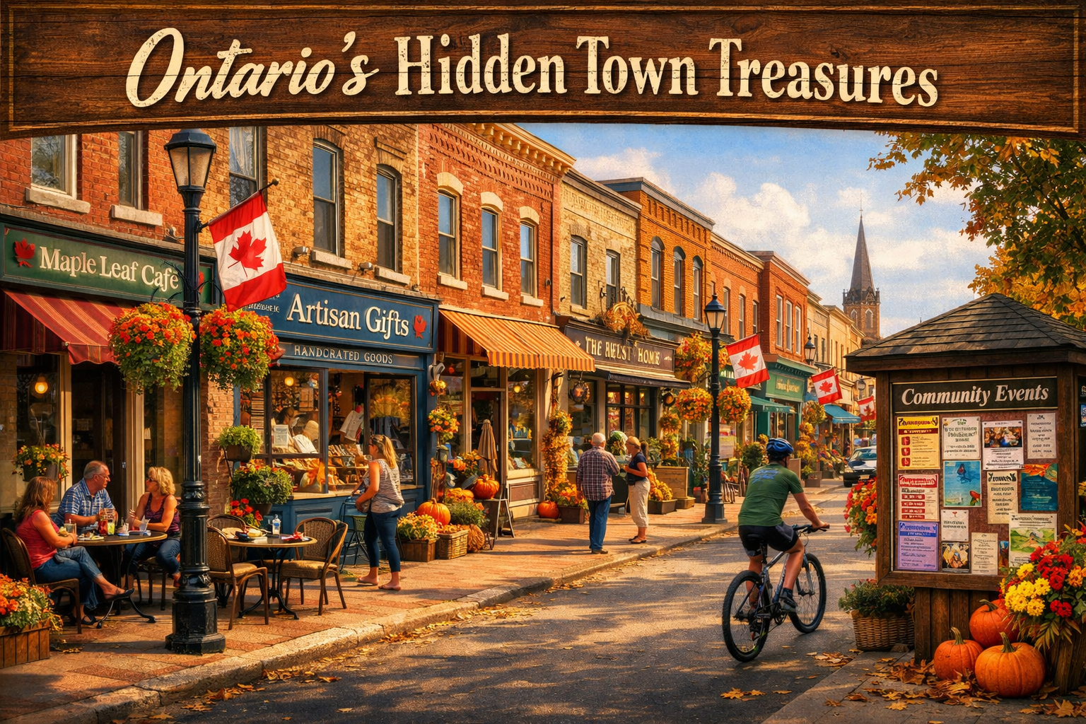 Charming small-town Ontario main street scene (1536x1024) featuring colorful historic brick buildings with unique local businesses, hand-pai