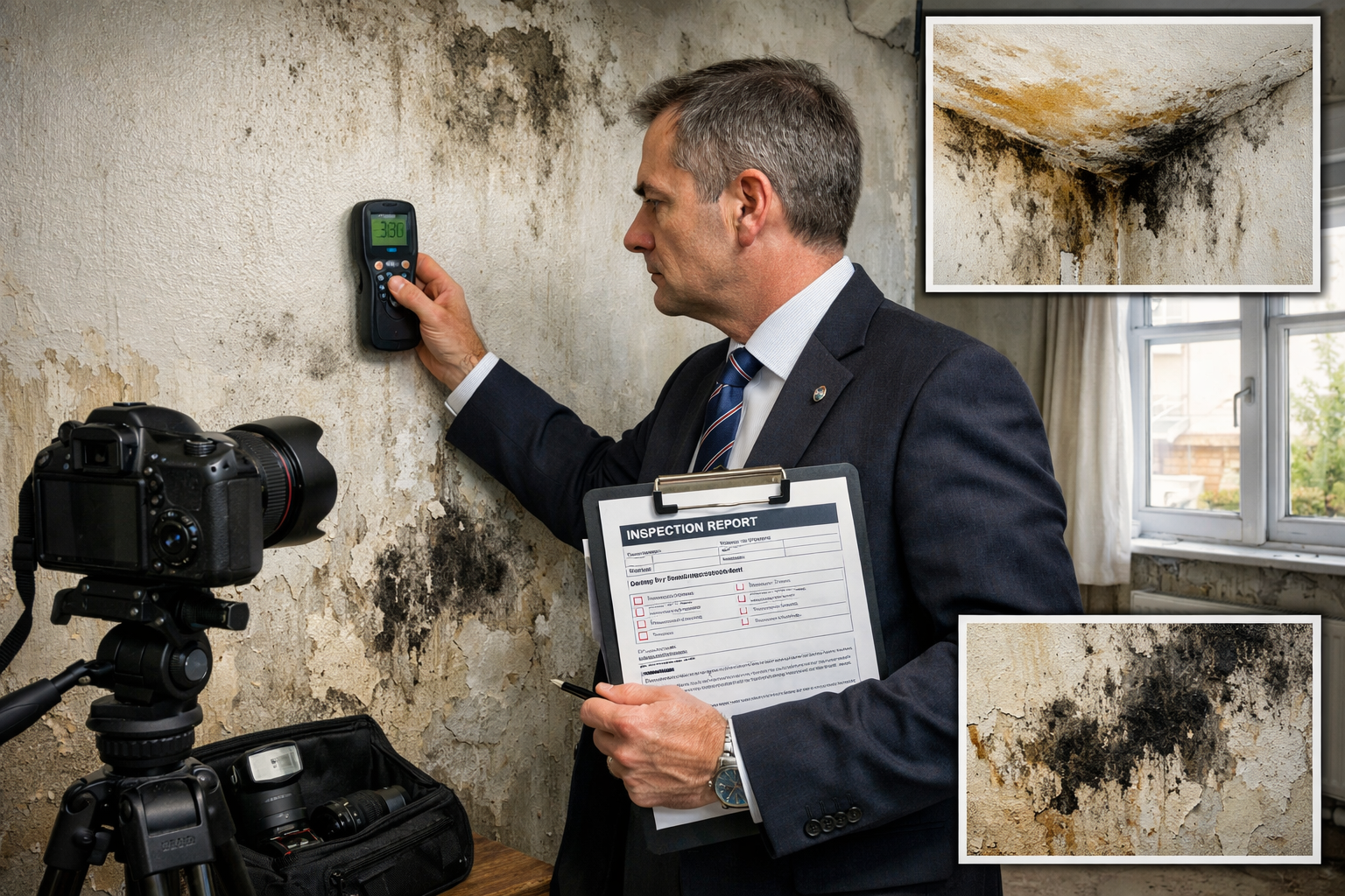 () detailed scene showing professional RICS chartered surveyor in formal business attire conducting property inspection in