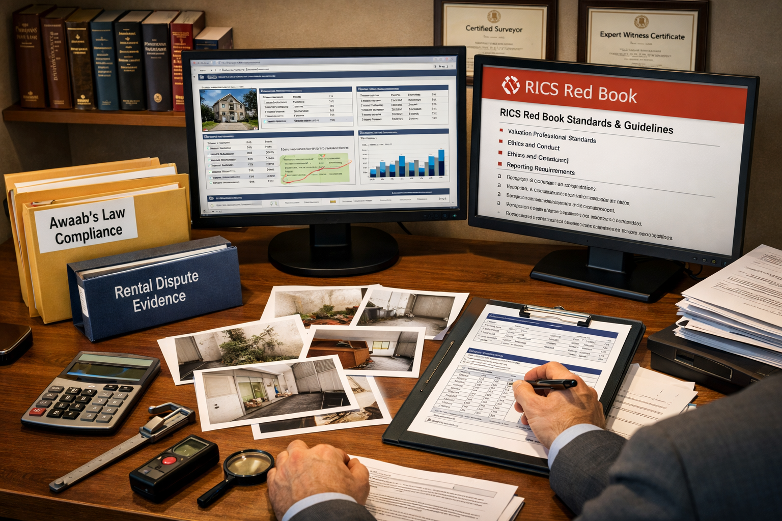 () professional office setting showing expert witness preparing court documents and valuation reports at desk with dual