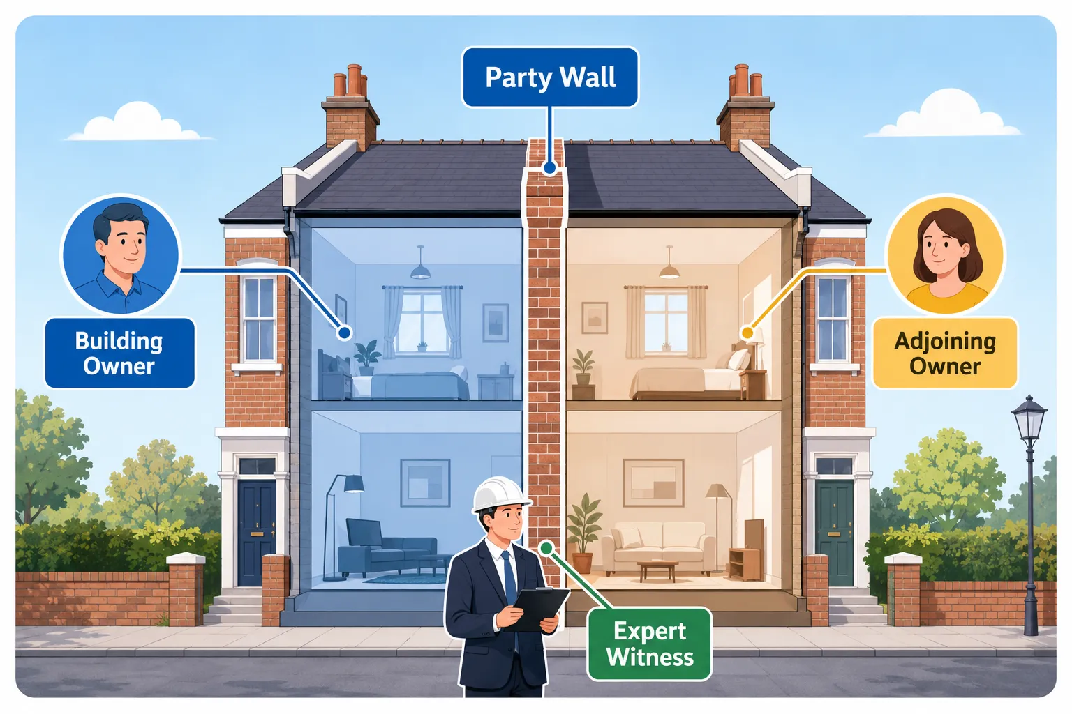 Editorial () flat-vector infographic illustration: a split diagram showing a shared brick party wall between two UK terraced