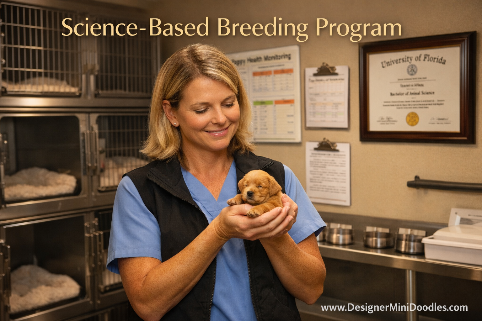 () editorial image showing a professional animal biologist woman in a clean modern whelping room holding a tiny apricot
