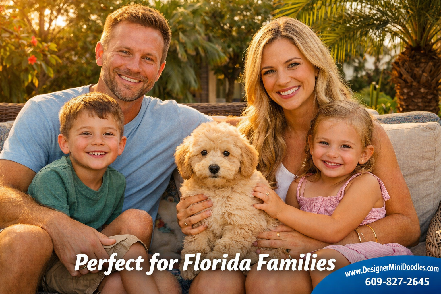 () editorial photo showing a happy Cape Coral Florida family with two young children sitting on a sunny backyard patio with
