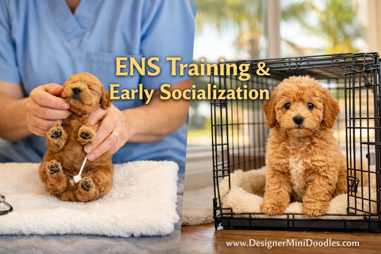 () showing a split-scene: left side a tiny apricot goldendoodle puppy in an ENS (Early Neurological Stimulation) session