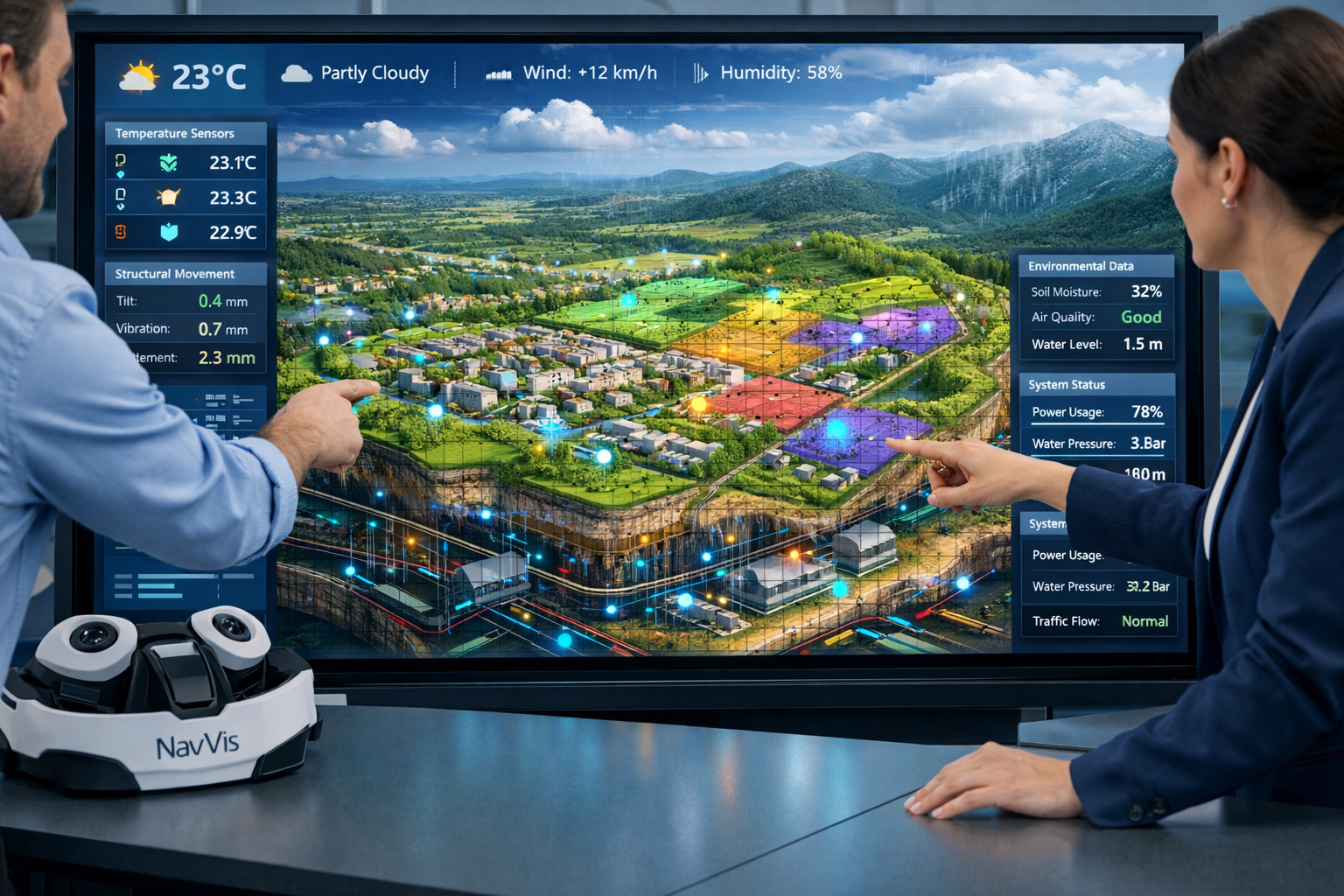 Detailed landscape format (1536x1024) image showing interactive 3D digital twin land model on large touchscreen display in modern planning o
