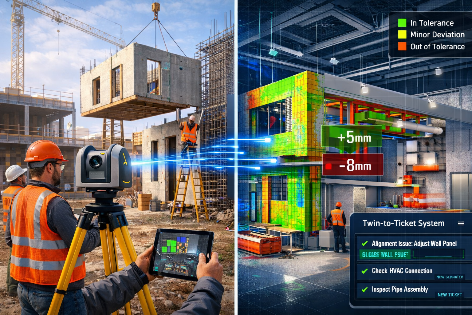 Detailed landscape format (1536x1024) image depicting construction site reality capture workflow with digital twin integration. Split-screen