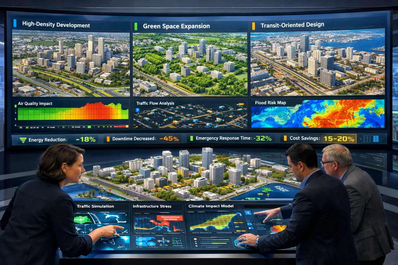 Detailed landscape format (1536x1024) image showing urban planning scenario modeling using comprehensive digital twin platform. Large curved