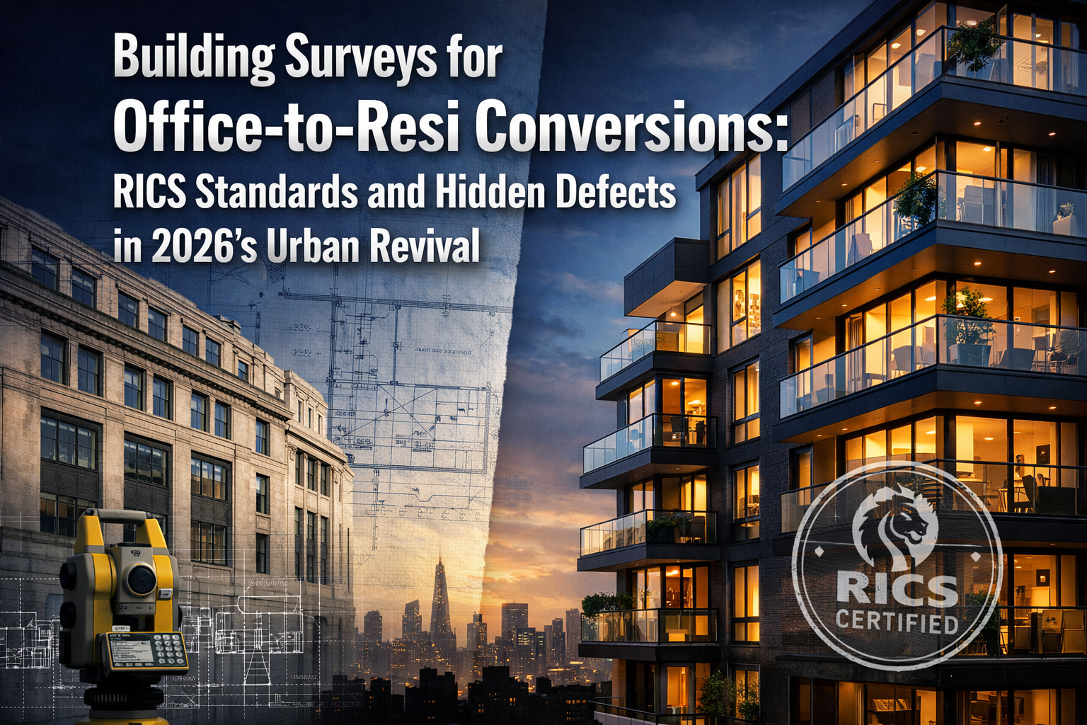 Professional landscape format (1536x1024) hero image featuring bold text overlay 'Building Surveys for Office-to-Resi Conversions: RICS Stan