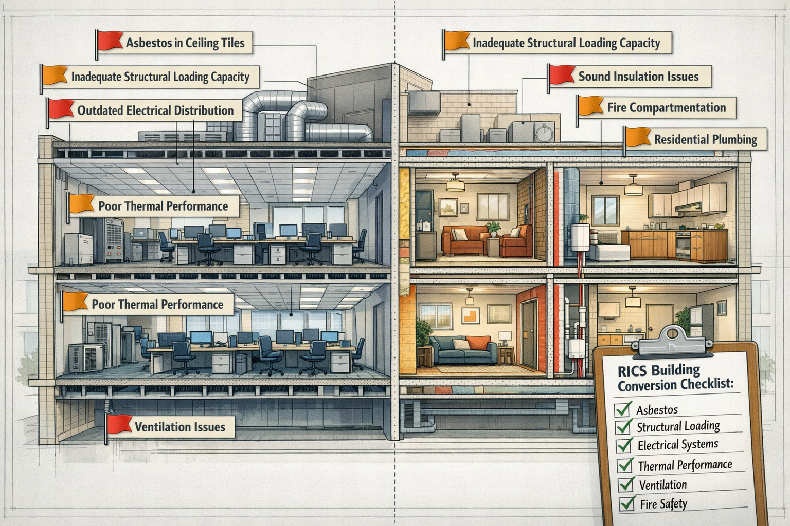 Landscape format (1536x1024) detailed illustration showing cross-section cutaway view of multi-story office building mid-conversion to resid