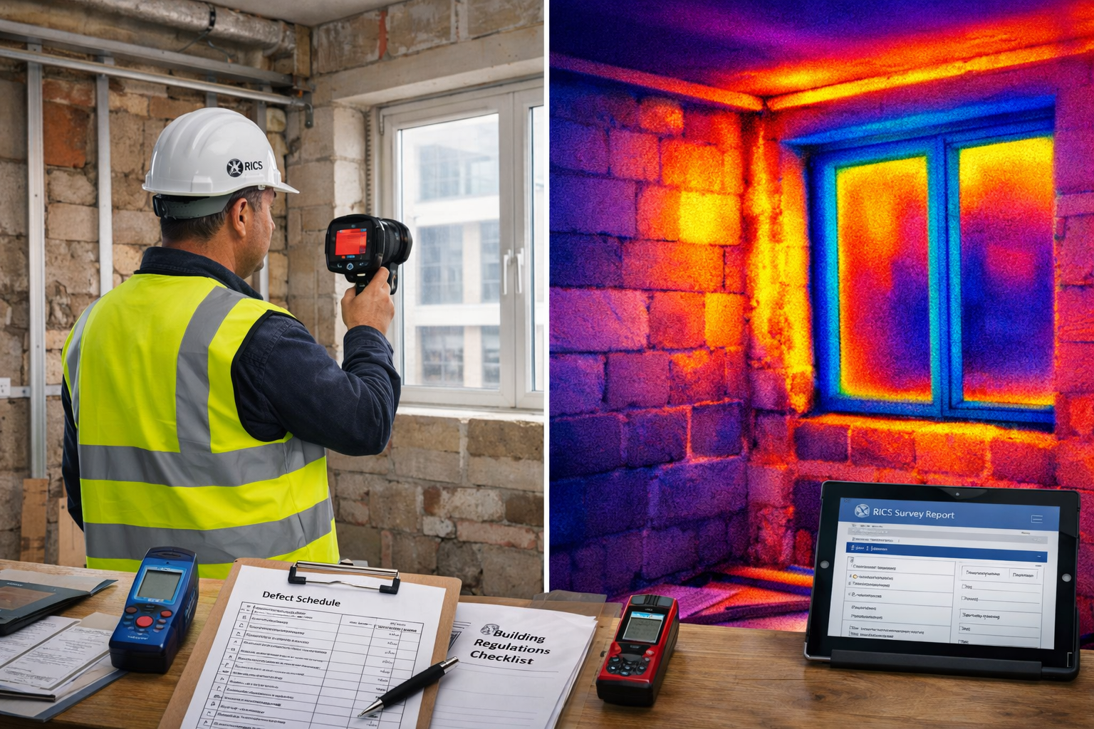 Landscape format (1536x1024) professional photograph of RICS-accredited surveyor conducting detailed building inspection inside converted of