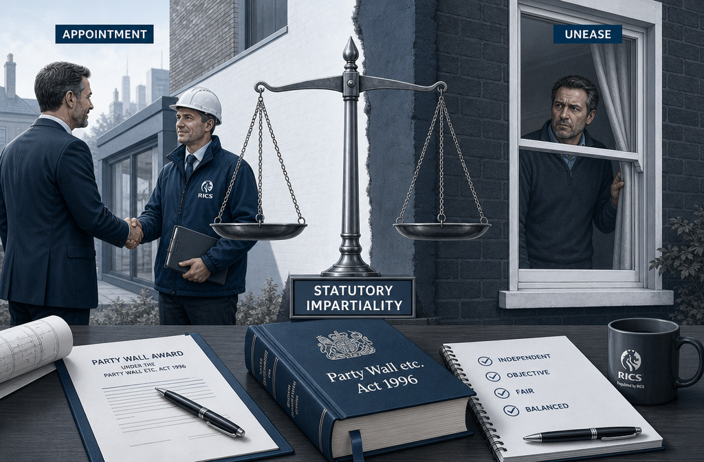() editorial illustration showing a split-scene composition: on the left, a building owner in a suit shaking hands with a
