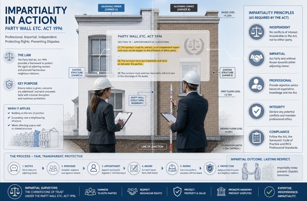 Editorial-style legal infographic visualizing the Party Wall etc. Act 1996's impartiality guidelines, featuring a