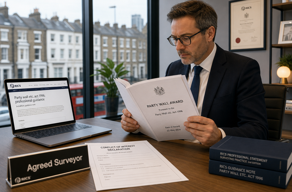 () editorial photograph-style image of a professional surveyor seated at a modern desk reviewing a thick Party Wall Award