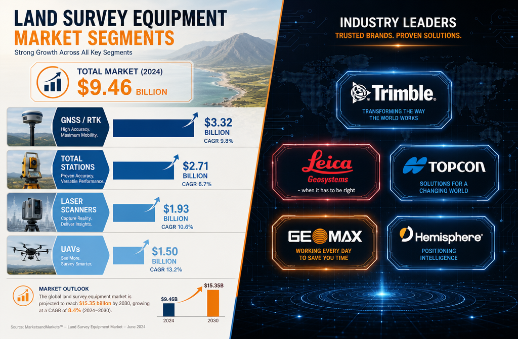 Wide aerial perspective () showing a $9-10 billion land survey equipment market infographic: split-screen composition with