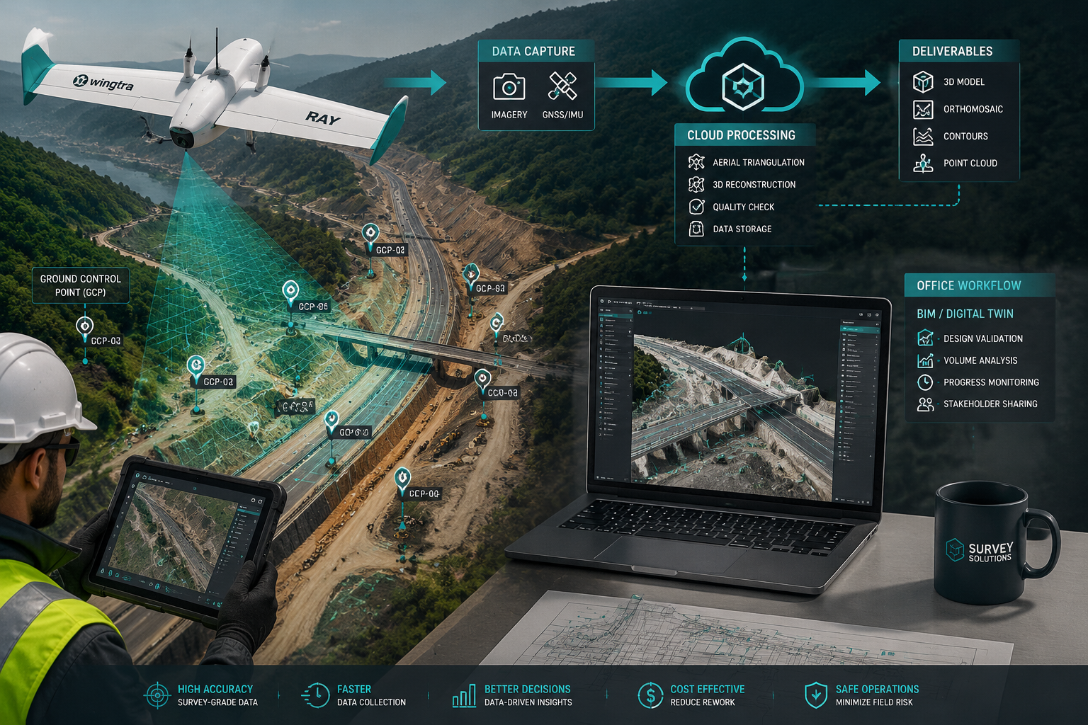 Dynamic bird's-eye () showing a modern survey firm's digital workflow: a drone (fixed-wing VTOL Wingtra Ray style) flying