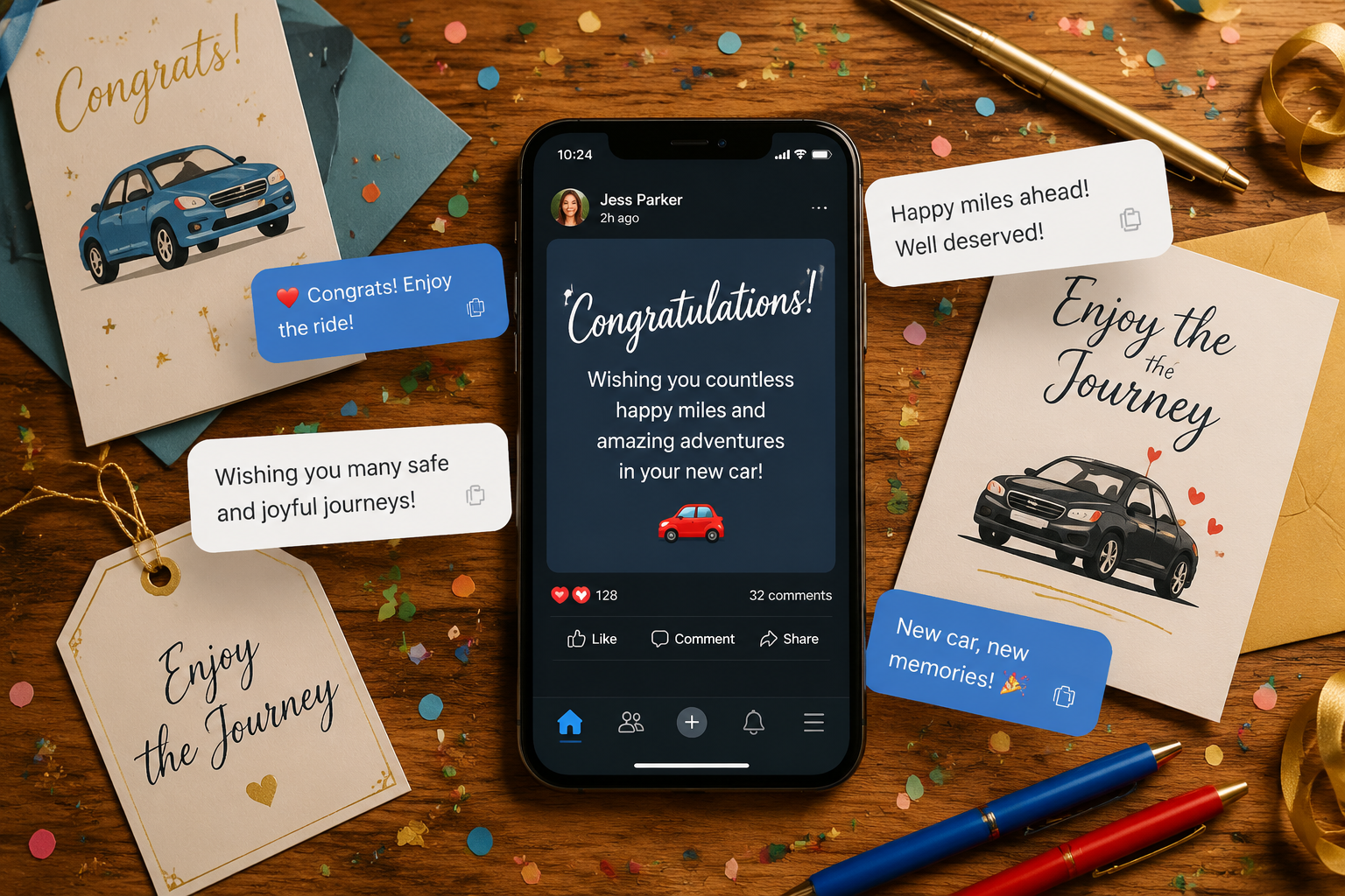 150+ Copy-Paste Congratulations on Your New Car Wishes for Every Celebration 2 Smartphone displaying congratulations message with car celebration elements