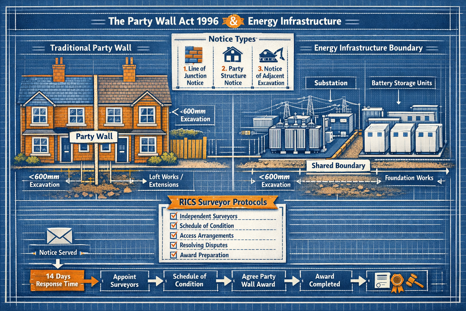Detailed landscape format (1536x1024) infographic-style image showing UK Party Wall etc. Act 1996 framework applied to energy infrastructure
