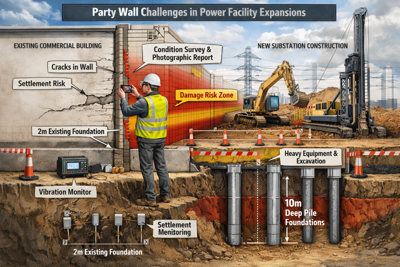 Detailed landscape format (1536x1024) technical illustration depicting common party wall challenges in power facility expansions, showing cr