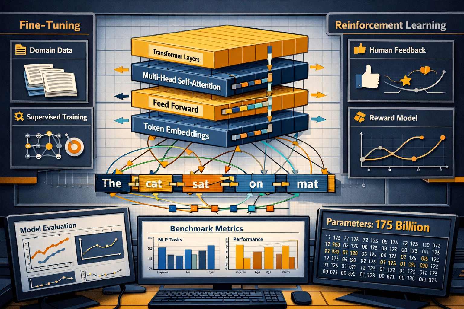 Prompt for a technical deep-dive section on how LLMs work, landscape . Show a cutaway diagram of a transformer architecture