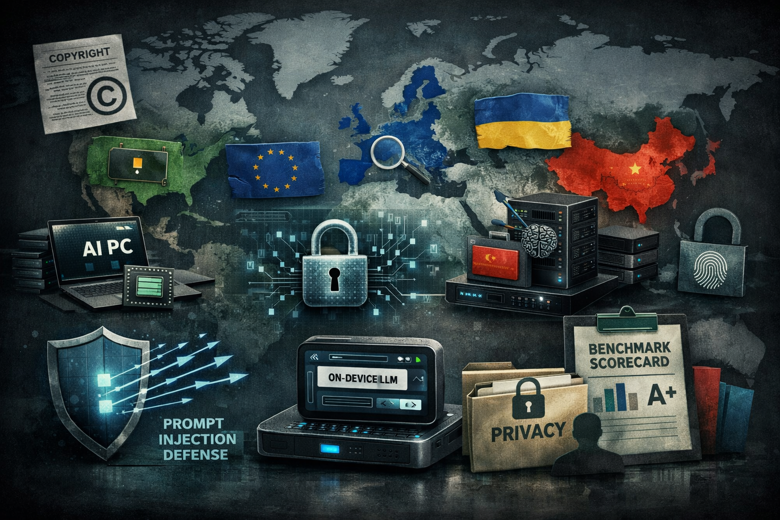 Professional policy-and-future themed editorial graphic for a section on risks, regulation, and 2026 trends in What is Large