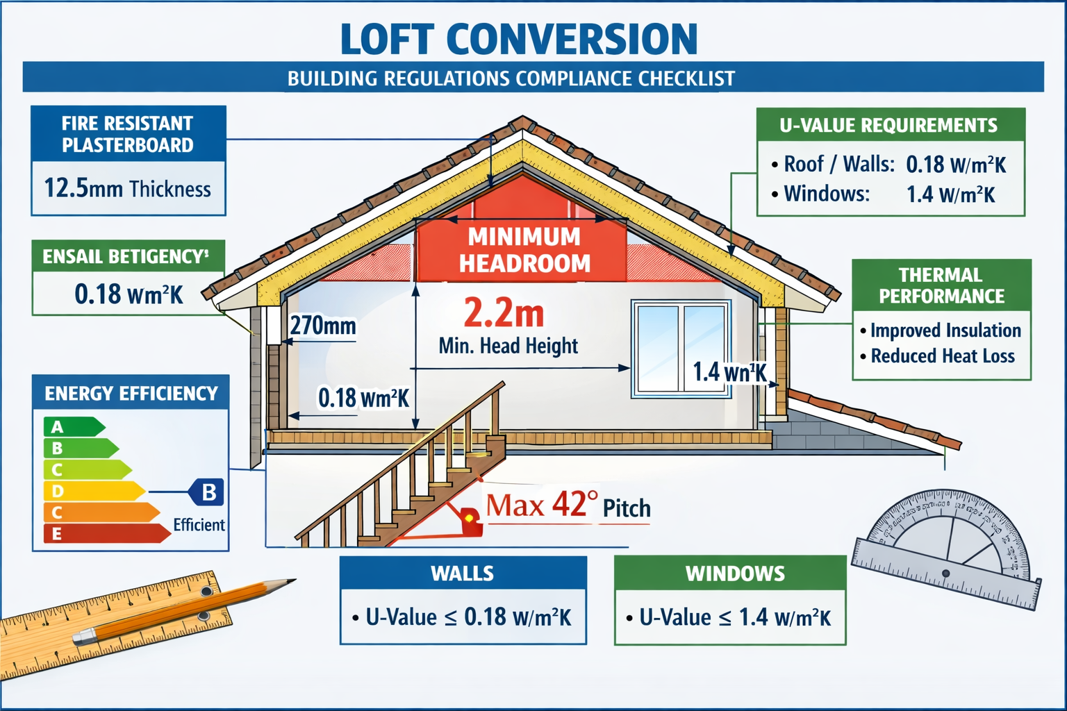 Detailed () infographic-style image displaying comprehensive building regulations compliance checklist for loft conversions.