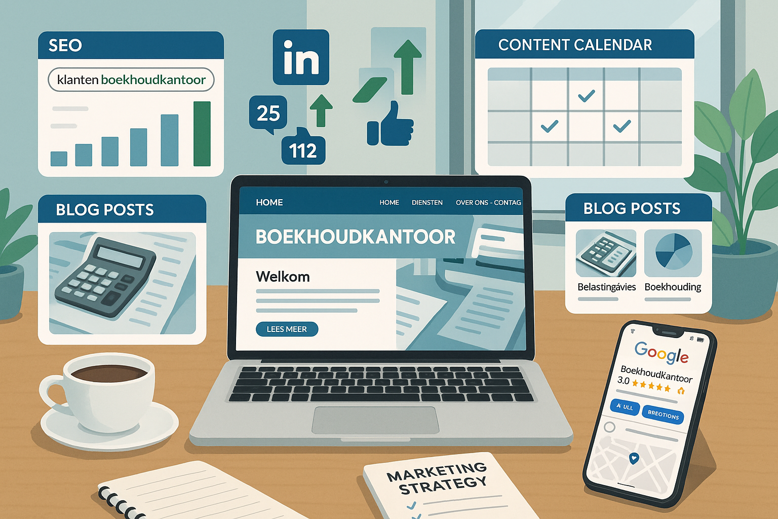 Detailed landscape illustration (1536x1024) showing digital marketing ecosystem for accounting firms with laptop screen displaying professio