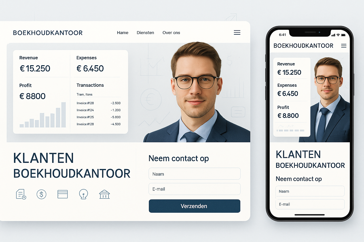 Professional website design for boekhoudkantoor featuring clean, modern layout with responsive desktop and mobile screens. Split-screen comp