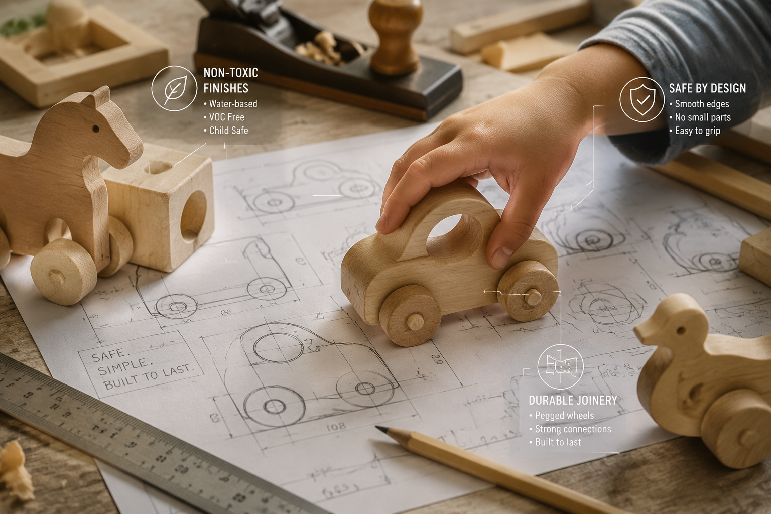 Detailed () image showing a close-up of various wooden toy prototypes on a design blueprint, with sketches and measurements.