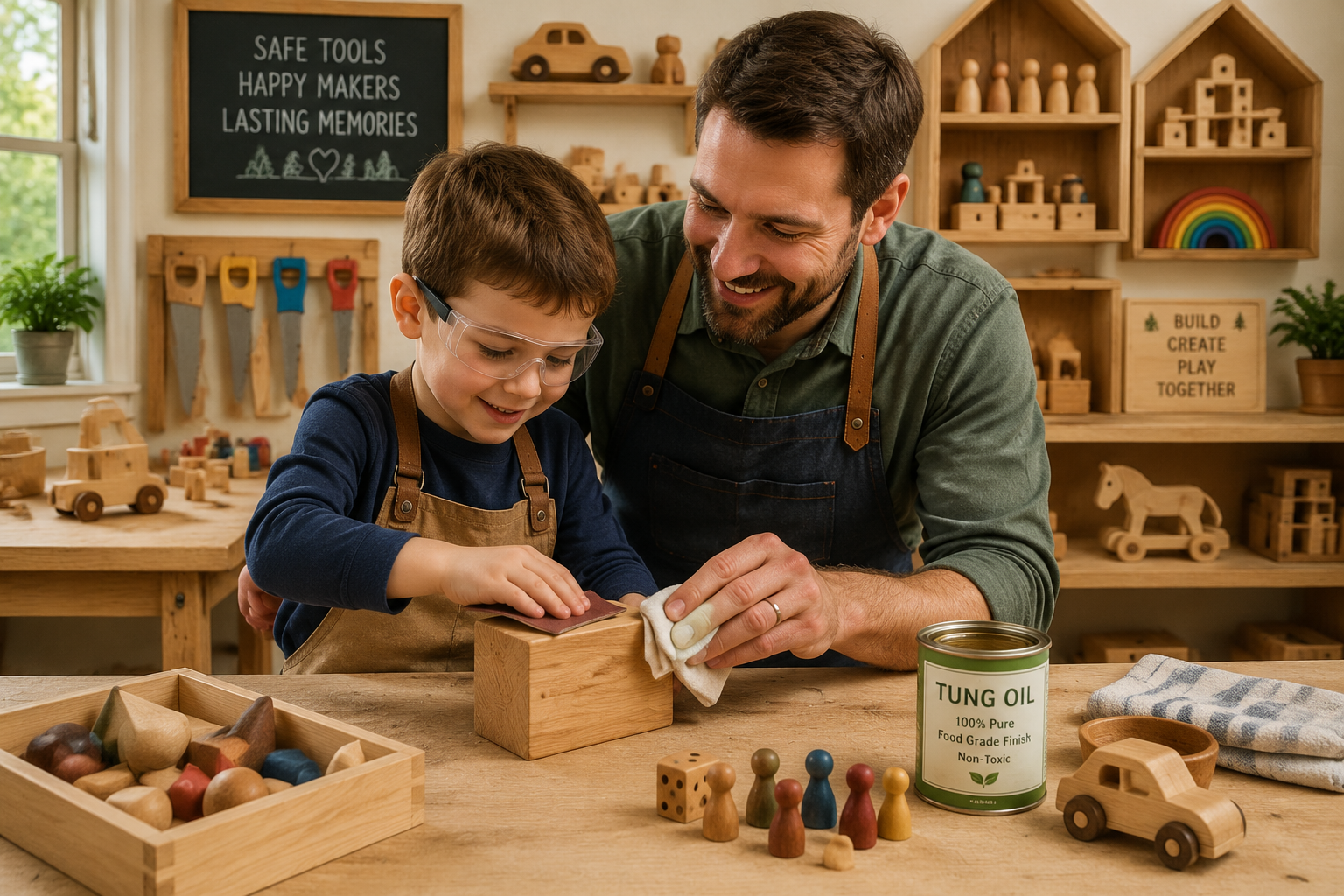 Detailed () image illustrating a parent and child actively engaged in a woodworking project, specifically sanding and