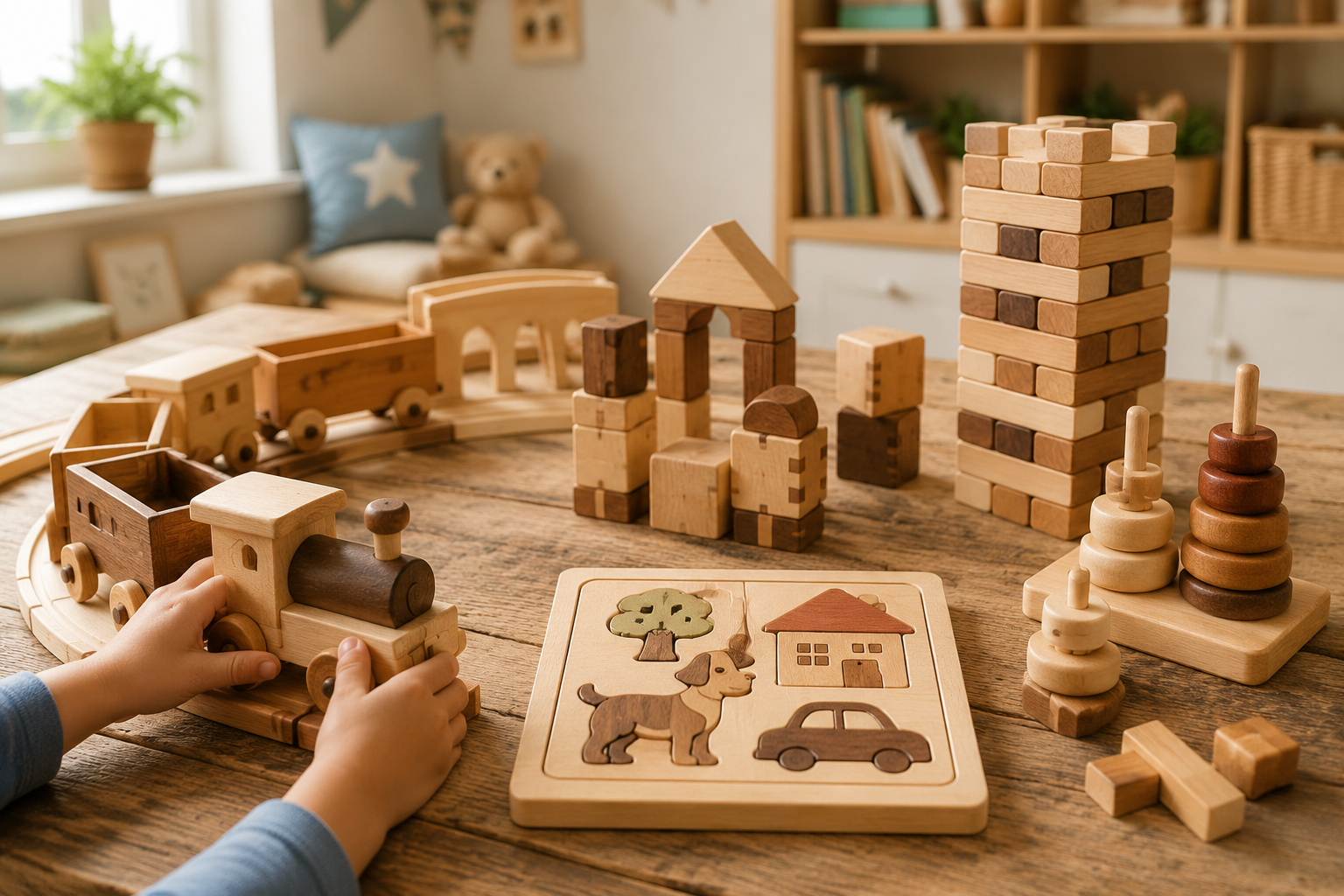 Detailed () image depicting a diverse collection of completed DIY wooden toys and games, artfully arranged on a rustic