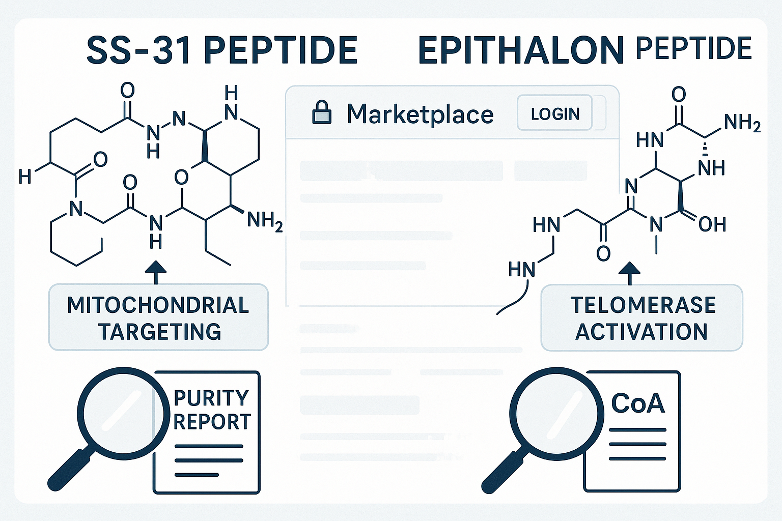 An infographic illustrating the complex molecular structures of mots-c and Epithalon peptides, with detailed callouts explaining their primar