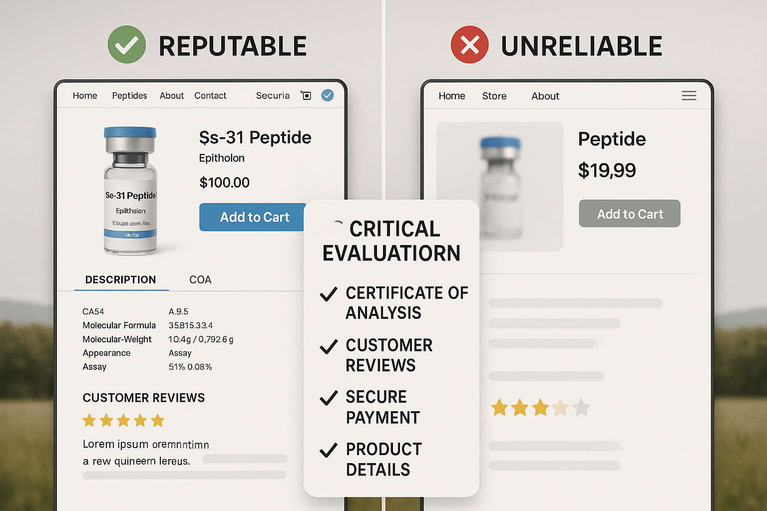 A split-screen visual comparing reputable online peptide suppliers with a less reliable, generic-looking website. The reputable side highlig