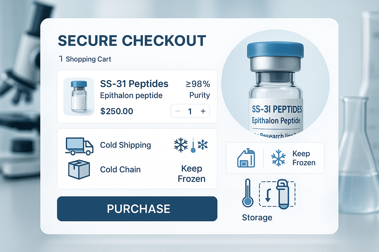 A digital interface showing a secure online shopping cart for mots-c Peptides epithalon peptide, with a focus on product purity and shipping 