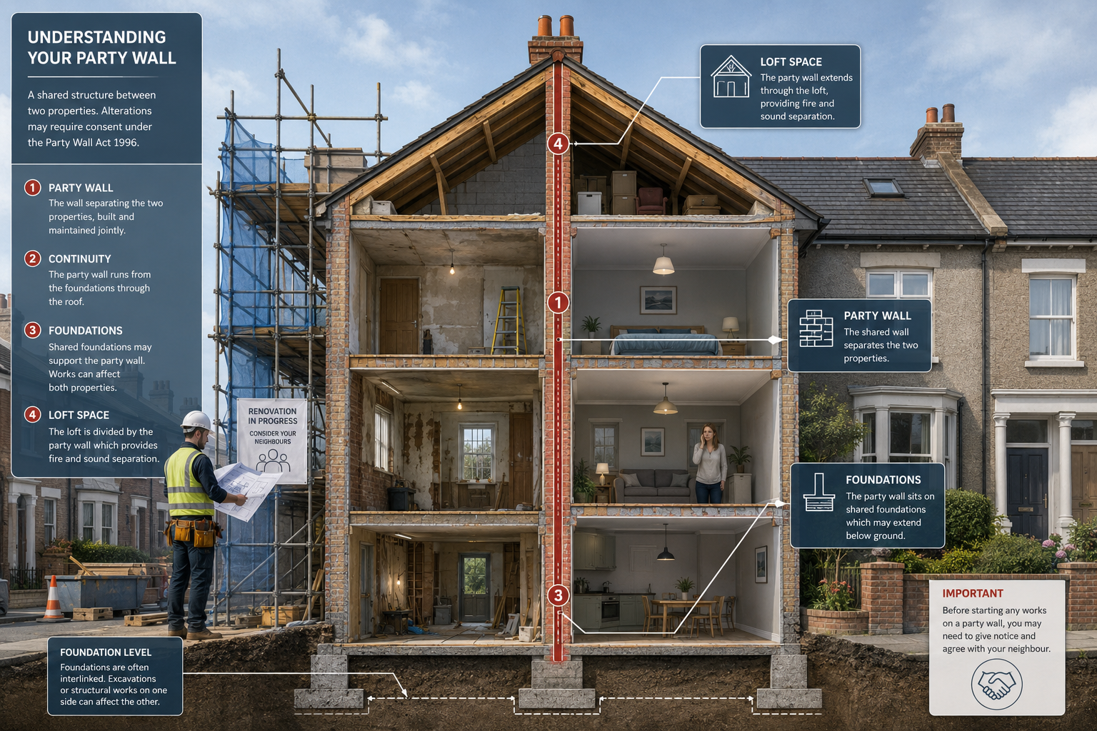Detailed () editorial illustration showing a cross-section diagram of two adjoining terraced houses sharing a party wall,